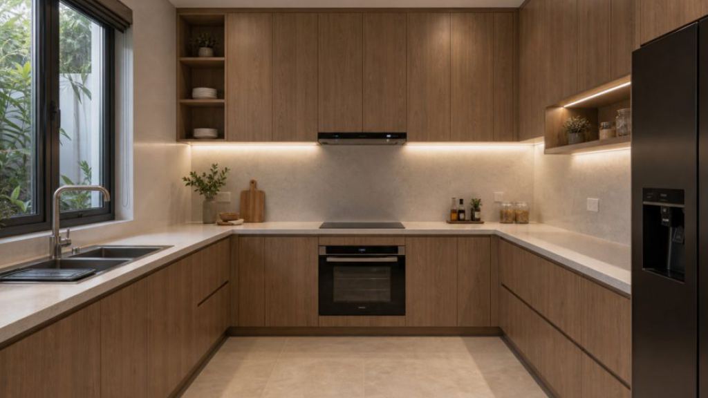 Ảnh góc hoàn thiện 01 trong dự án Sản xuất tủ bếp acrylic kết hợp laminate