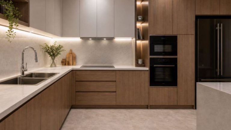 Sản xuất tủ bếp acrylic kết hợp laminate ảnh chi tiết sạch