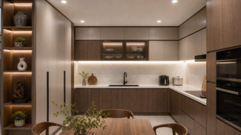 Tủ bếp acrylic laminate hoàn thiện đồng bộ vật liệu