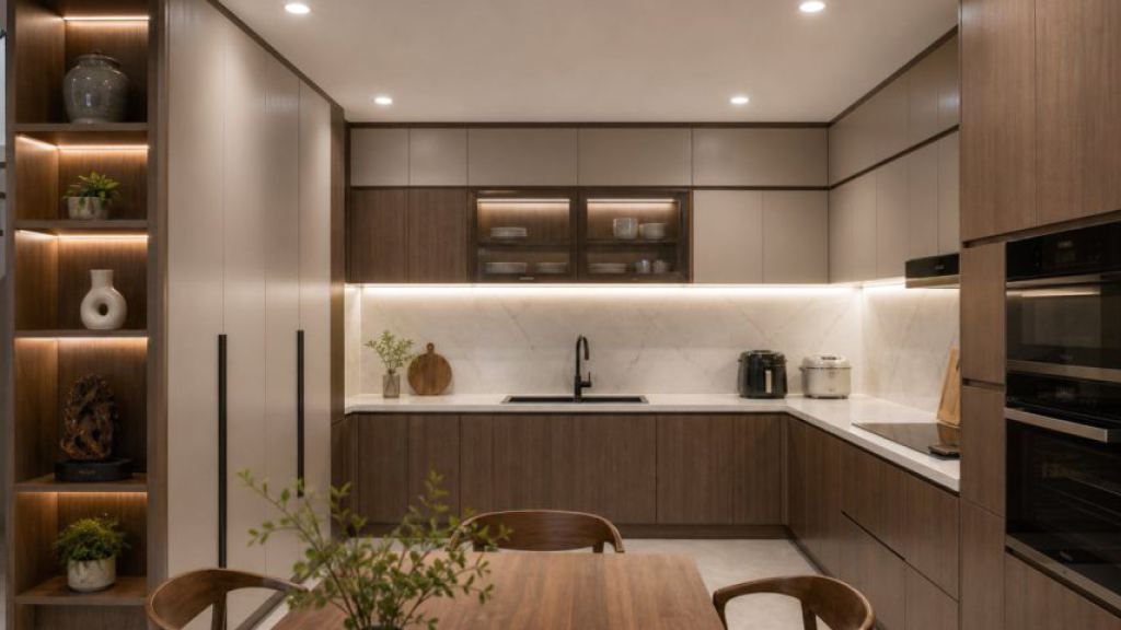 Ảnh góc hoàn thiện 02 trong dự án Sản xuất tủ bếp acrylic kết hợp laminate