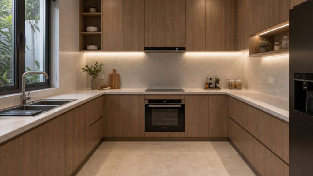 Tủ bếp chữ U cho nhà phố với ba mặt bàn, tủ gỗ chống ẩm và mặt đá sáng