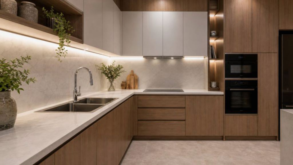 Chi tiết tủ bếp chữ U nhà phố tại khu bồn rửa với đèn LED và mặt đá trắng
