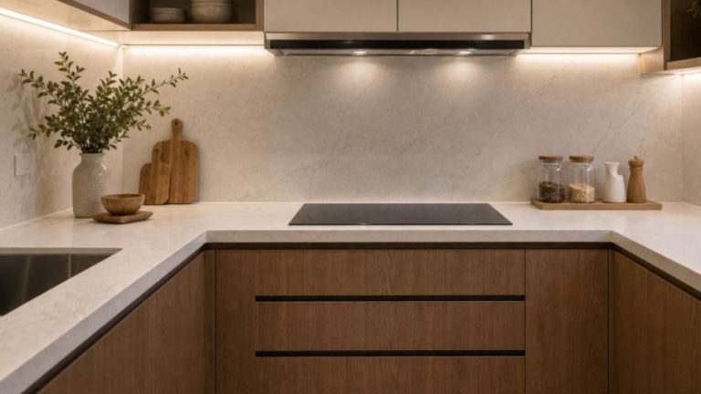Tủ bếp chữ U hoàn thiện với mặt đá và hệ tủ trên dưới