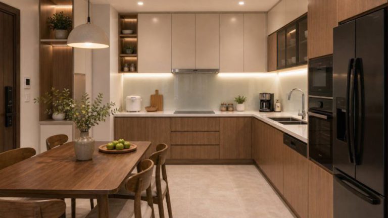 Tủ bếp chữ U sản xuất theo kích thước nhà phố