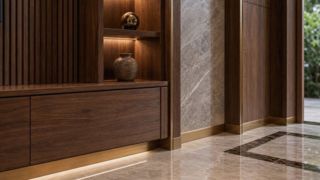 Tủ treo và backsplash tủ bếp chữ U nhà phố với cánh acrylic, đá ốp và đèn LED