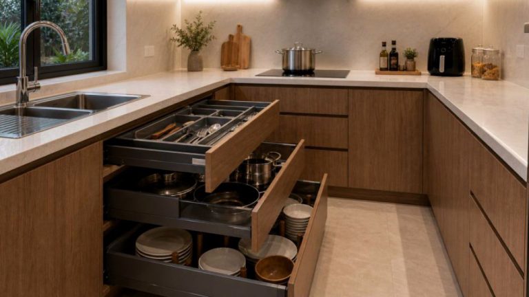 Sản xuất tủ bếp chữ U cho nhà phố với nhiều khoang chứa