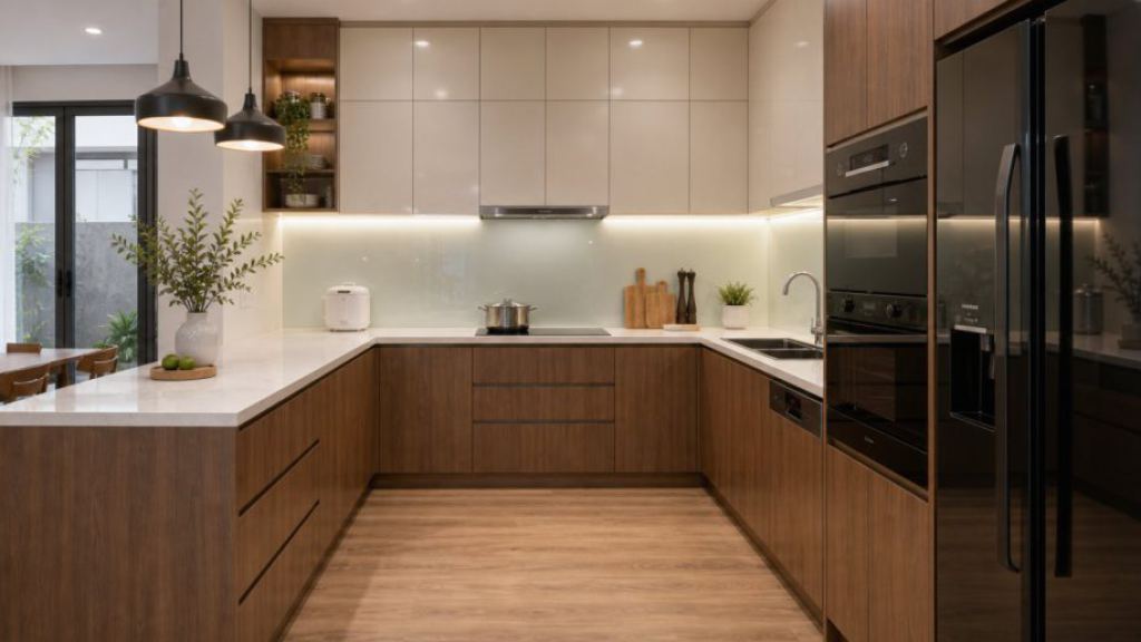 Tủ bếp chữ U nhà phố với tủ cao, mặt bàn quartz và hệ tủ dưới gỗ
