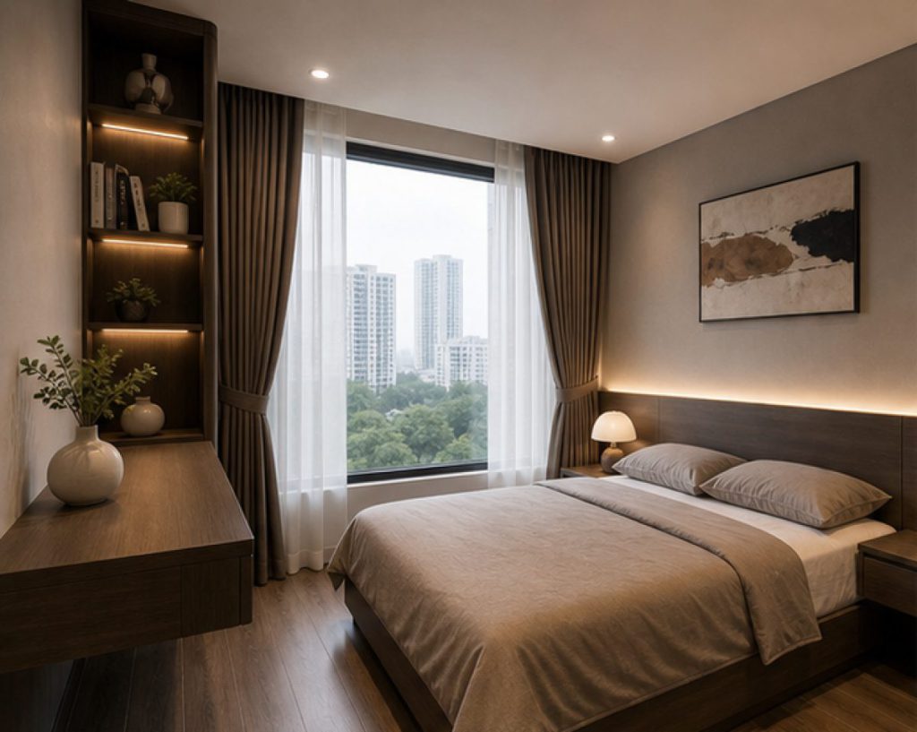 Ảnh phòng ngủ thứ hai trong dự án Thi công nội thất căn hộ cho thuê cao cấp