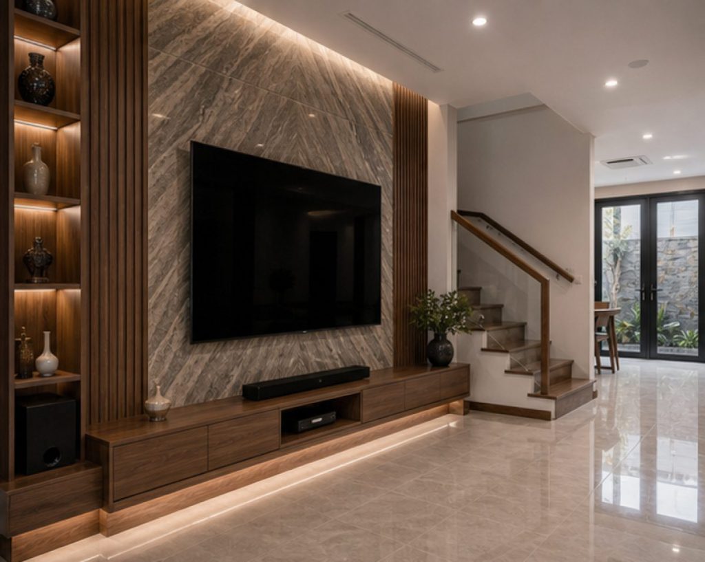 Ảnh vách TV rộng trong dự án Thi công nội thất nhà phố mặt tiền 5m