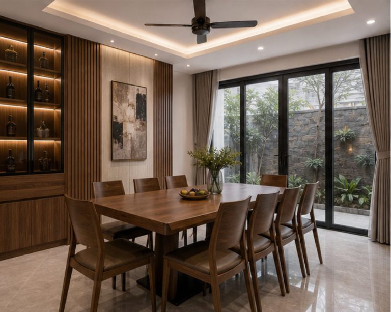 Thi công nội thất nhà phố với kệ tivi và tủ trang trí
