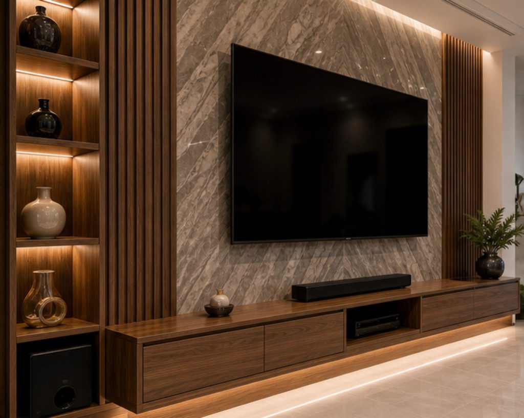 Ảnh chi tiết vách đá TV trong dự án Thi công nội thất nhà phố mặt tiền 5m