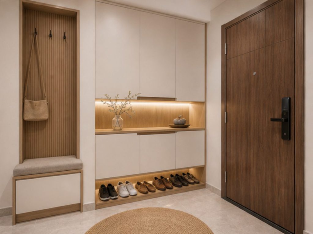 Ảnh tủ giày khu sảnh trong dự án Thi công trọn gói nội thất nhà mới xây