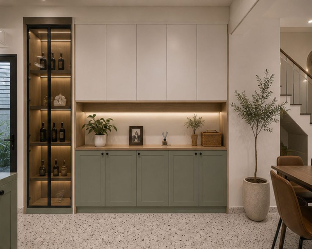 Ảnh tủ lưu trữ đối diện bếp trong dự án Thi công tủ bếp chữ L nhà phố Nam Định