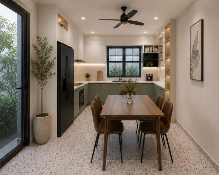Thi công tủ bếp chữ L nhà phố Nam Định hoàn thiện