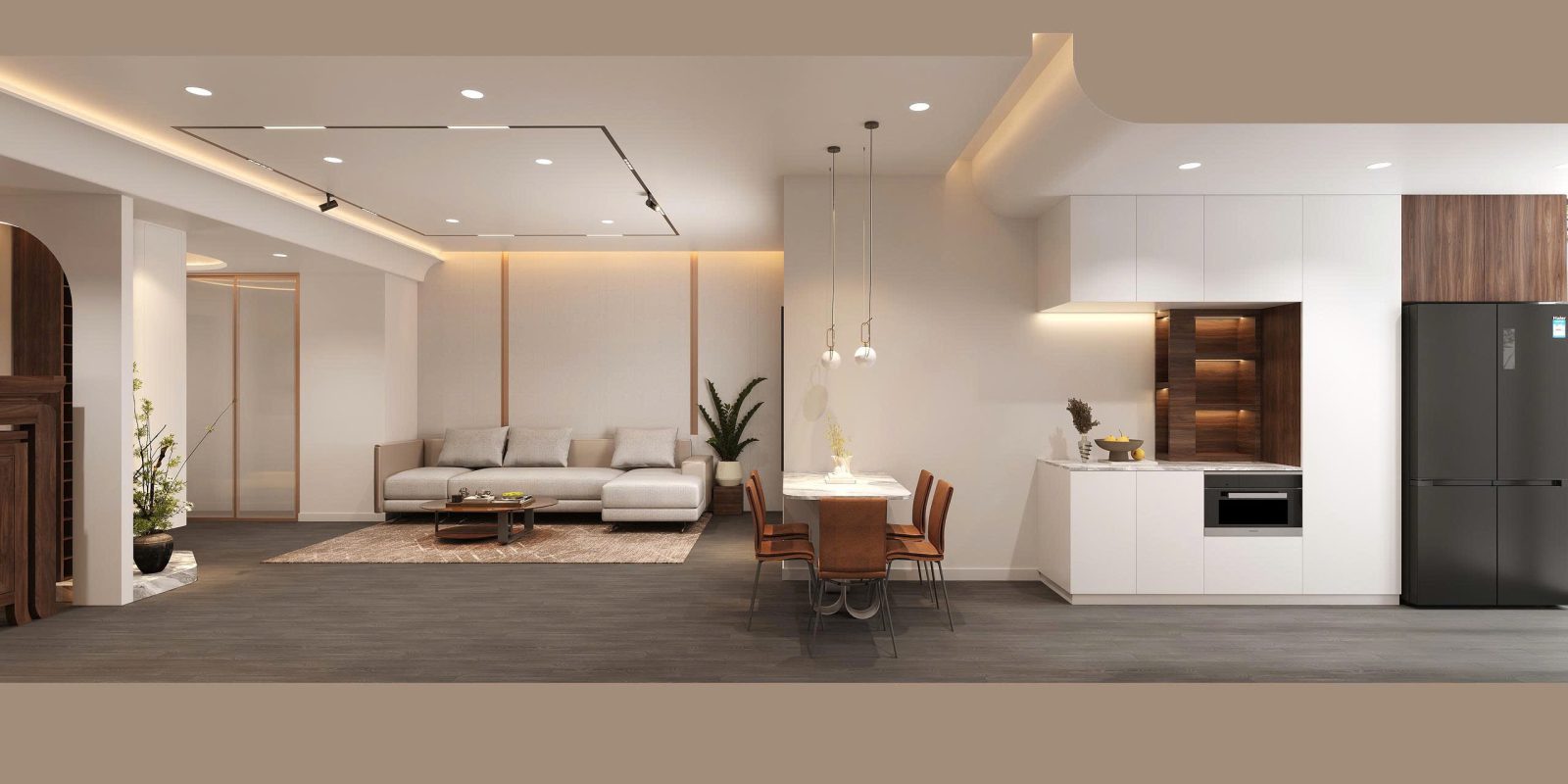 Thiết kế nội thất chung cư khách bếp mở với vách tivi và hệ tủ đồng bộ