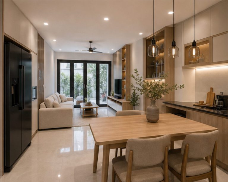 Thiết kế thi công phòng khách liền bếp nhà phố - thiết kế nội thất phòng khách