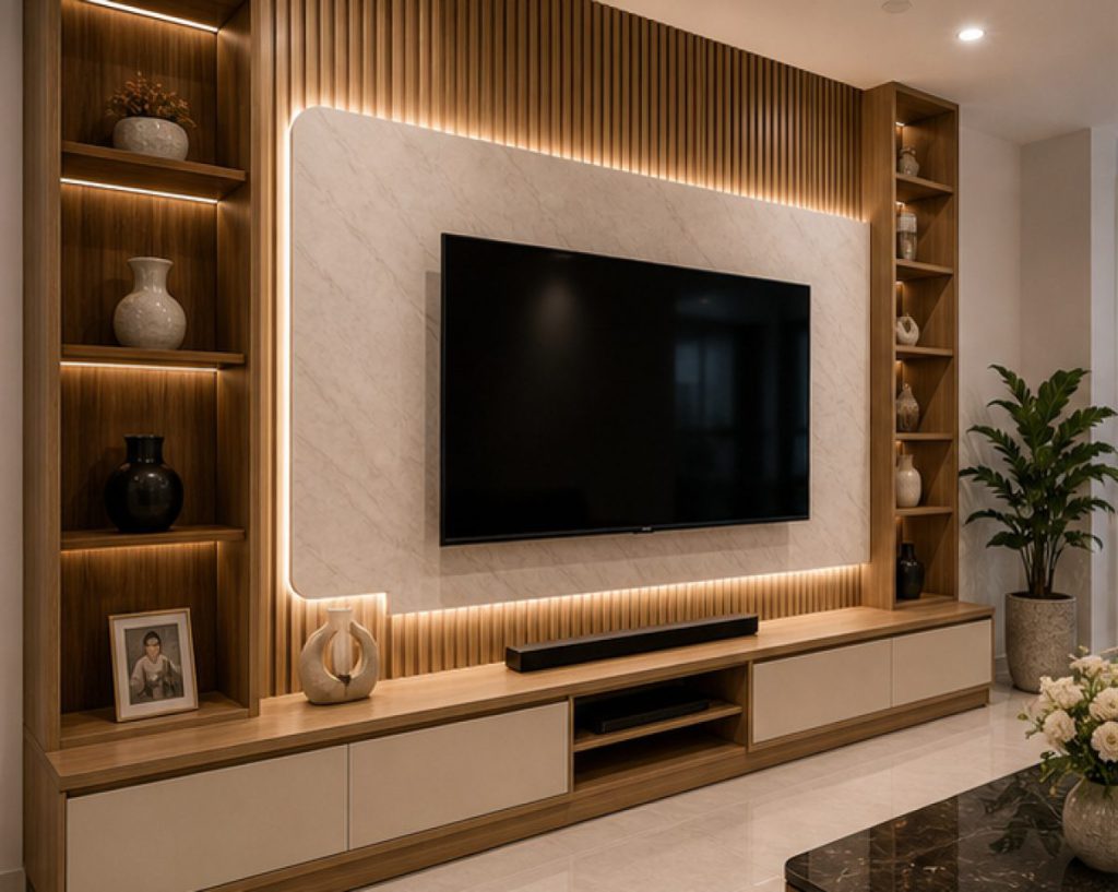 Ảnh chi tiết vách TV trong dự án Thiết kế thi công phòng khách liền bếp nhà phố
