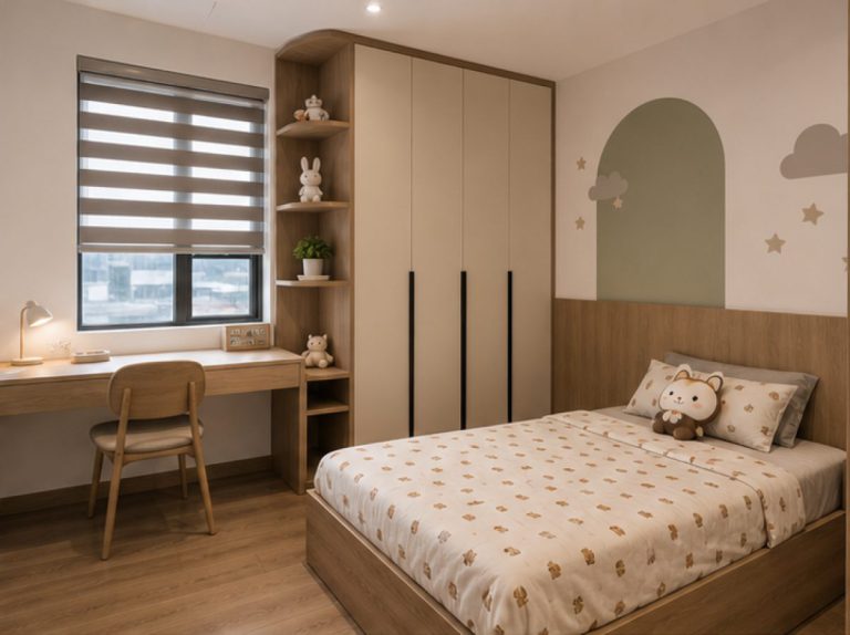 Thi công phòng khách nhà phố với tủ trang trí sát tường
