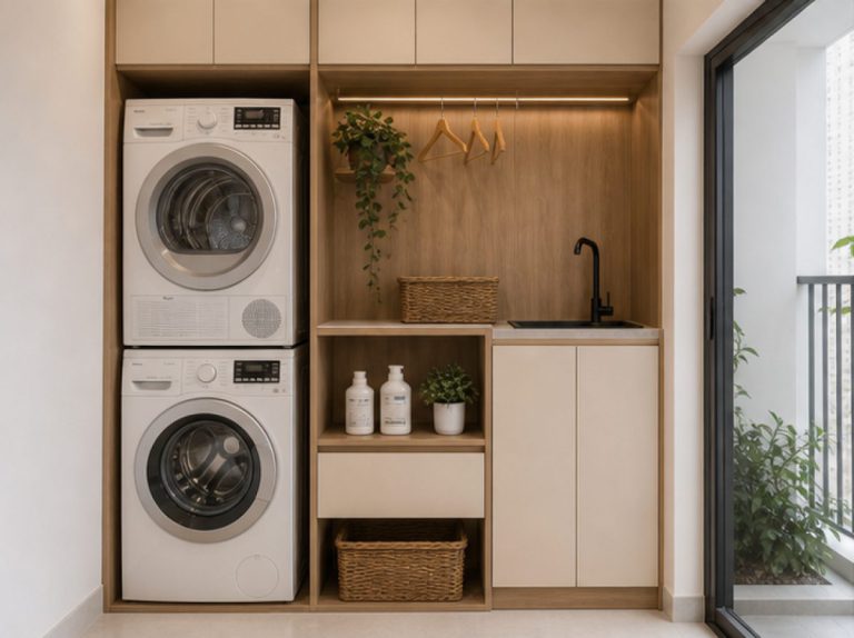 Không gian phòng khách nhà phố có sofa và kệ tivi đồng bộ