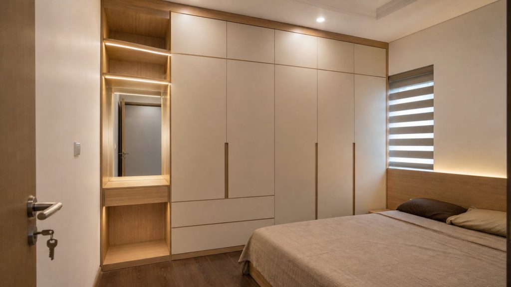 Tủ áo gương kết hợp kệ trang trí trong phòng ngủ