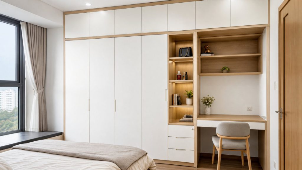 Tủ áo kết hợp bàn làm việc và kệ lưu trữ trong phòng ngủ