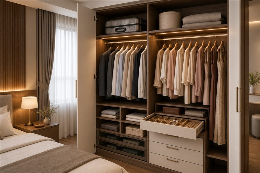 Bên trong tủ áo hai ngăn cho vợ chồng mới cưới có khu treo đồ và ngăn phụ kiện