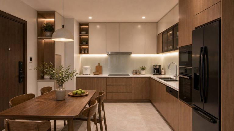 Tủ bếp chữ U nhà phố - chi tiết mặt đá - sản xuất tủ bếp chữ U