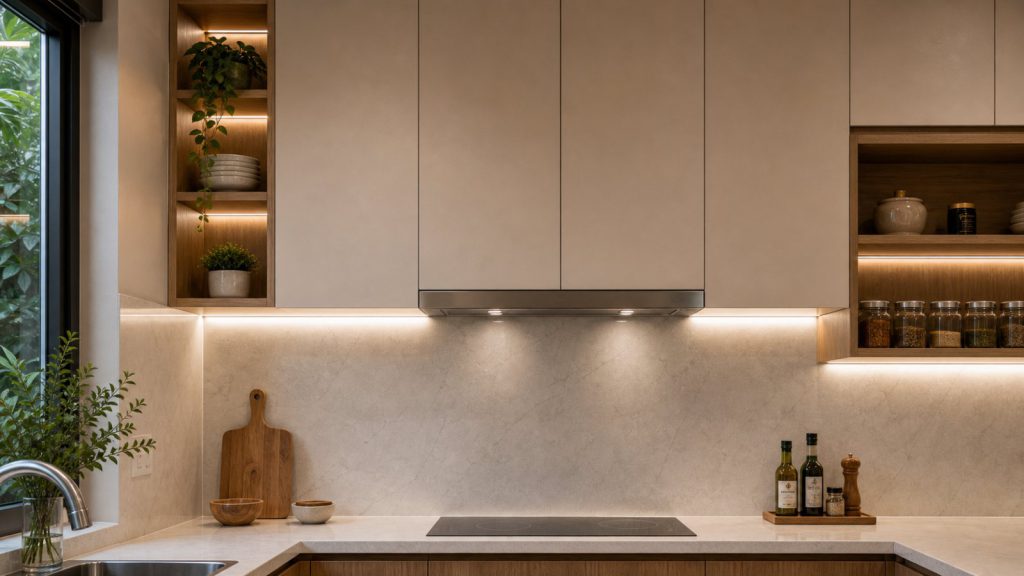 Tủ bếp chữ U nhà phố có bếp nấu, chậu rửa, tủ lạnh, lò nướng và bàn ăn liền kề