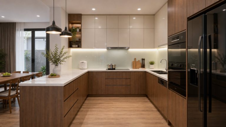 Tủ bếp chữ U nhà phố - tủ cao và mặt bàn - tủ bếp chữ U và chữ L