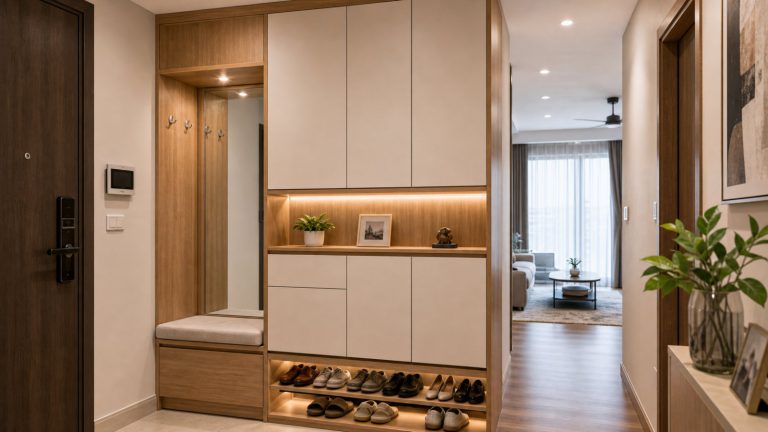 Tủ giày căn hộ Gia Lâm - góc rộng - vách tivi và tủ phòng khách