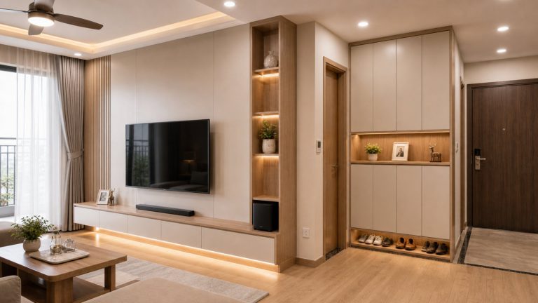 Vách TV và tủ giày căn hộ Gia Lâm - vách tivi và tủ phòng khách